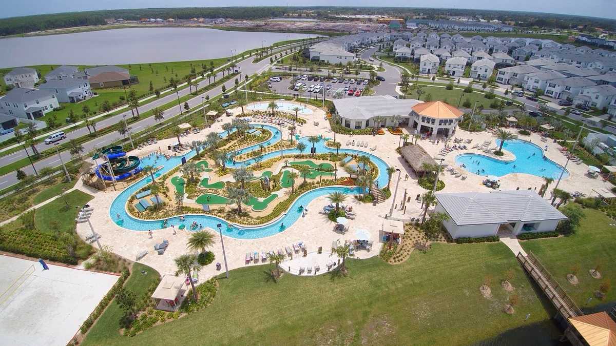 Aerial view of the Storey Lake Hideaway Club pool area and water features